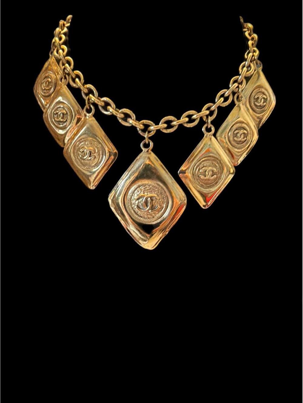 Vintage Chanel 1980s Charm Necklace - 24 Carat Gold Plated 7 Rhombus Charm